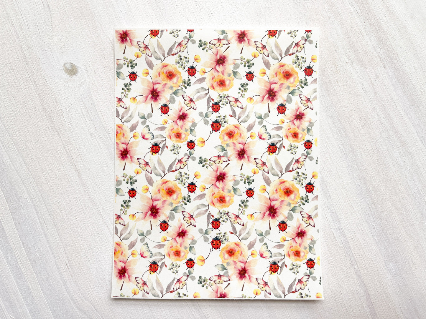 Transfer Sheet for Polymer Clay, Water-Soluble Paper, Ladybugs and Orange Pink Flowers