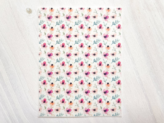 Transfer Sheet for Polymer Clay, Water-Soluble Paper, Small Pink Orange Flowers