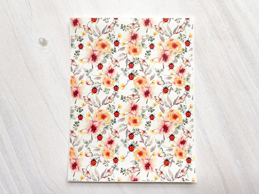 Transfer Sheet for Polymer Clay, Water-Soluble Paper, Ladybugs and Orange Pink Flowers