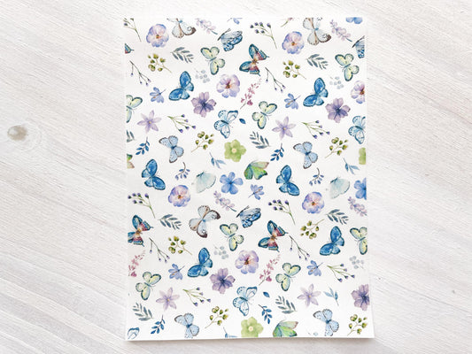 Transfer Sheet for Polymer Clay, Water-Soluble Paper, Blue Butterflies and Flowers