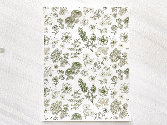 Transfer Sheet for Polymer Clay, Water-Soluble Paper, Dark Green Flowers