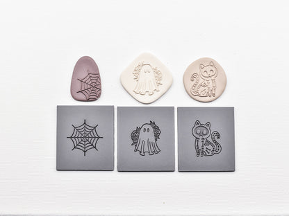 Embossing Texture Mat for Polymer Clay / Spider Web, Ghost, Skeleton Cat